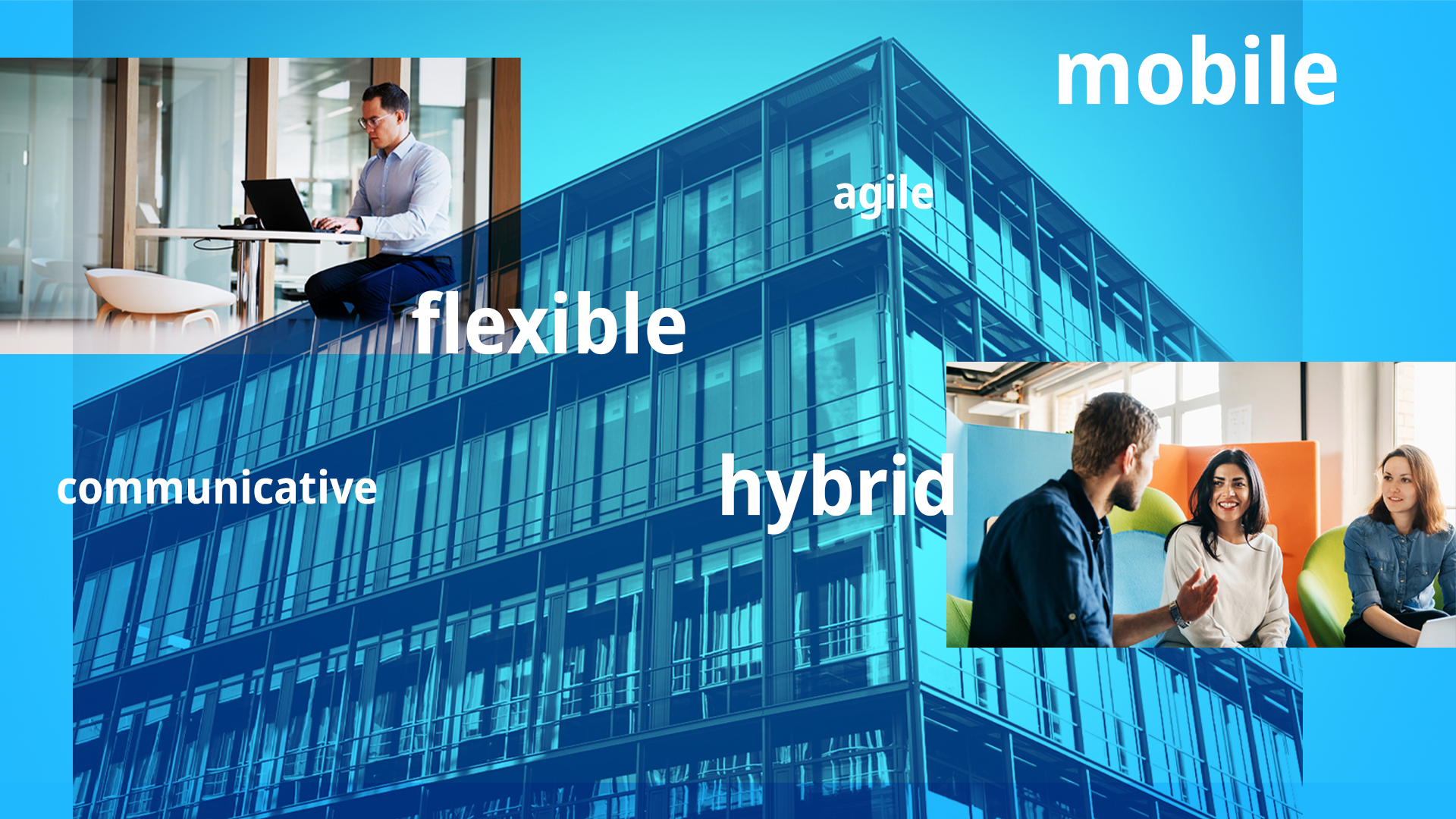 Photo collage of a photo of the Munich site, employees in a modern office work environment and keywords on the topic of New Work.