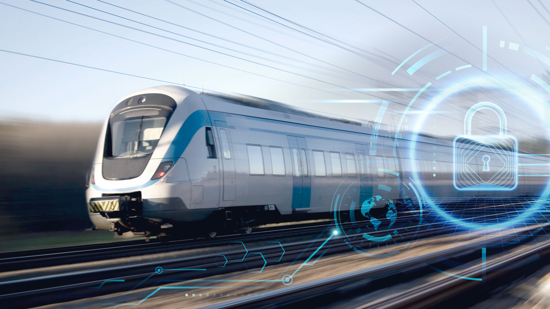A train travels at high speed through the landscape and on the right side of the image are digital security icons in the form of a graphic lock and an implied fingerprint