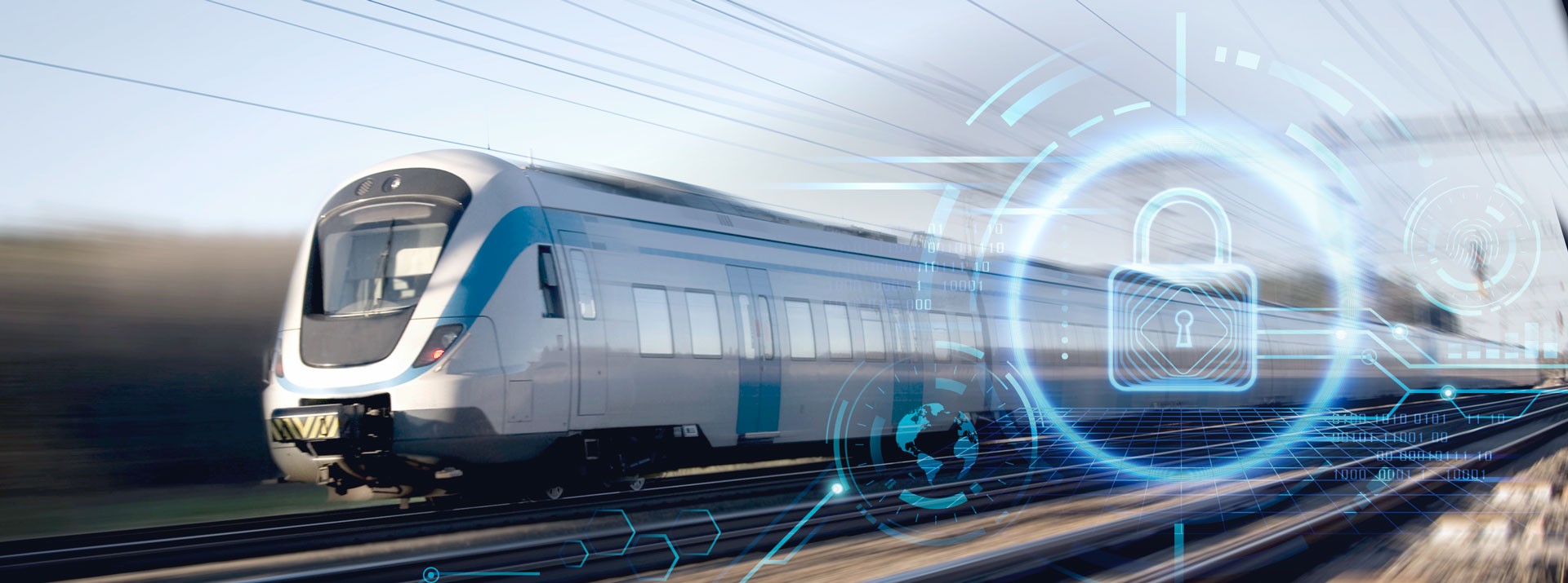 A train travels at high speed through the landscape and on the right side of the image are digital security icons in the form of a graphic lock and an implied fingerprint