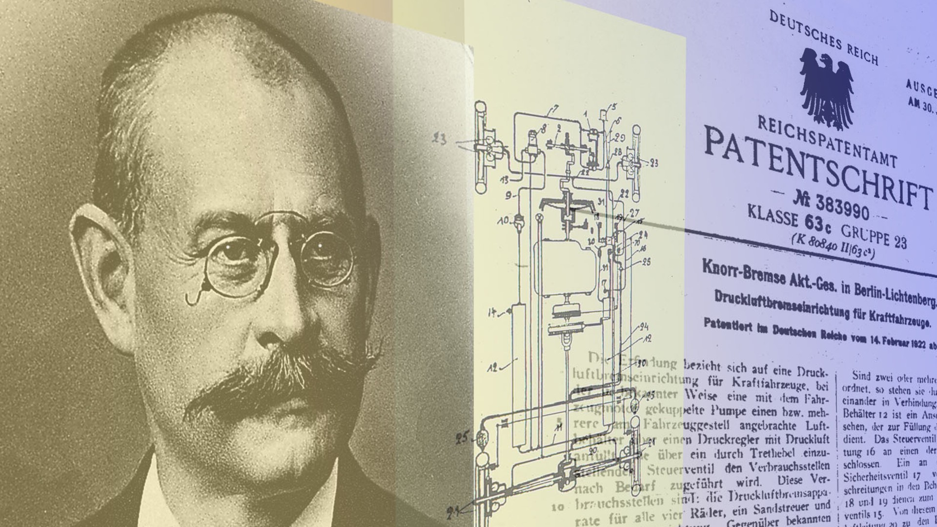 Collage aus einem alten Portrait von Georg Knorr, der Abschrift der Patentanmeldung von 1922 und einer technischen Zeichnung von damals