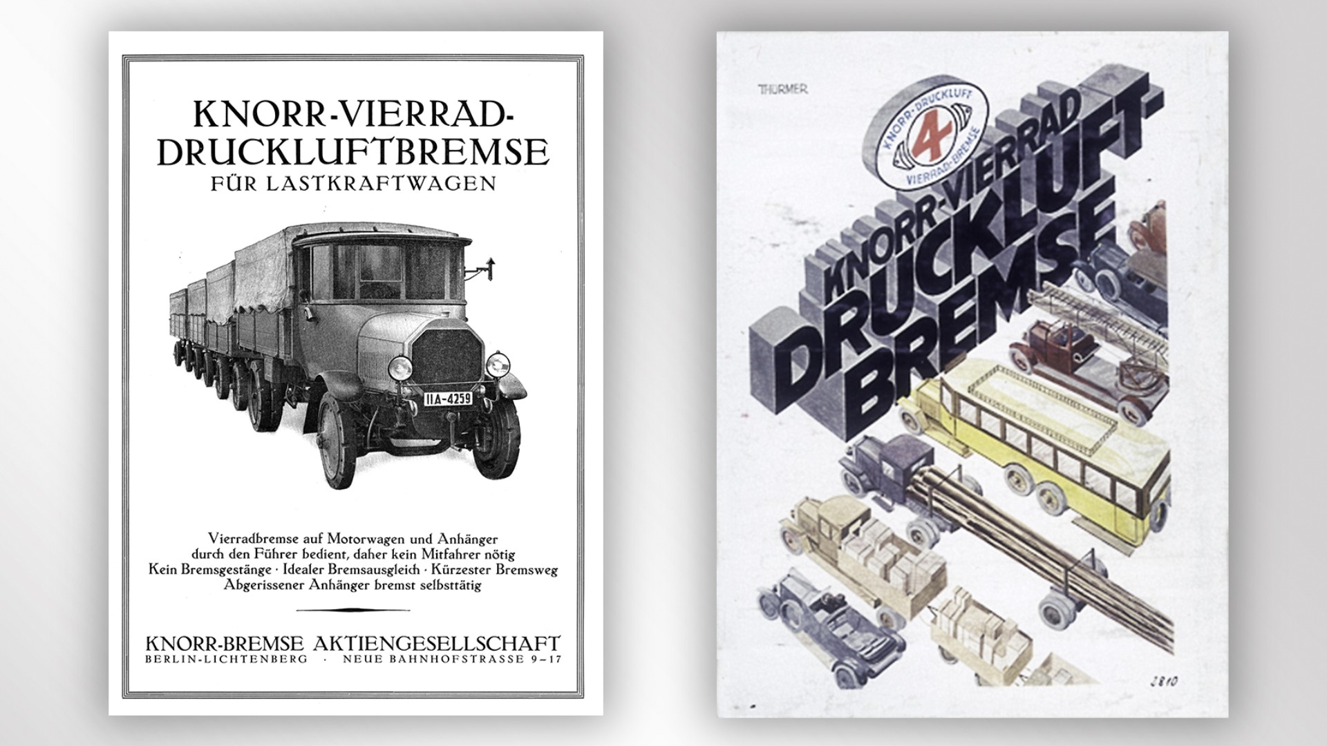 An old advertising poster about the Knorr four-wheel air brake in black and white with a truck from that time and an ad from the same time showing various vehicles that were equipped with the brake