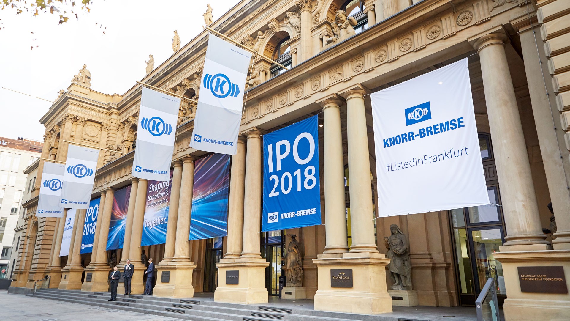 Buidling of the Frankfurt stock exchange flying company flags in honor of Krorr-Bremse's IPO in October 2018.