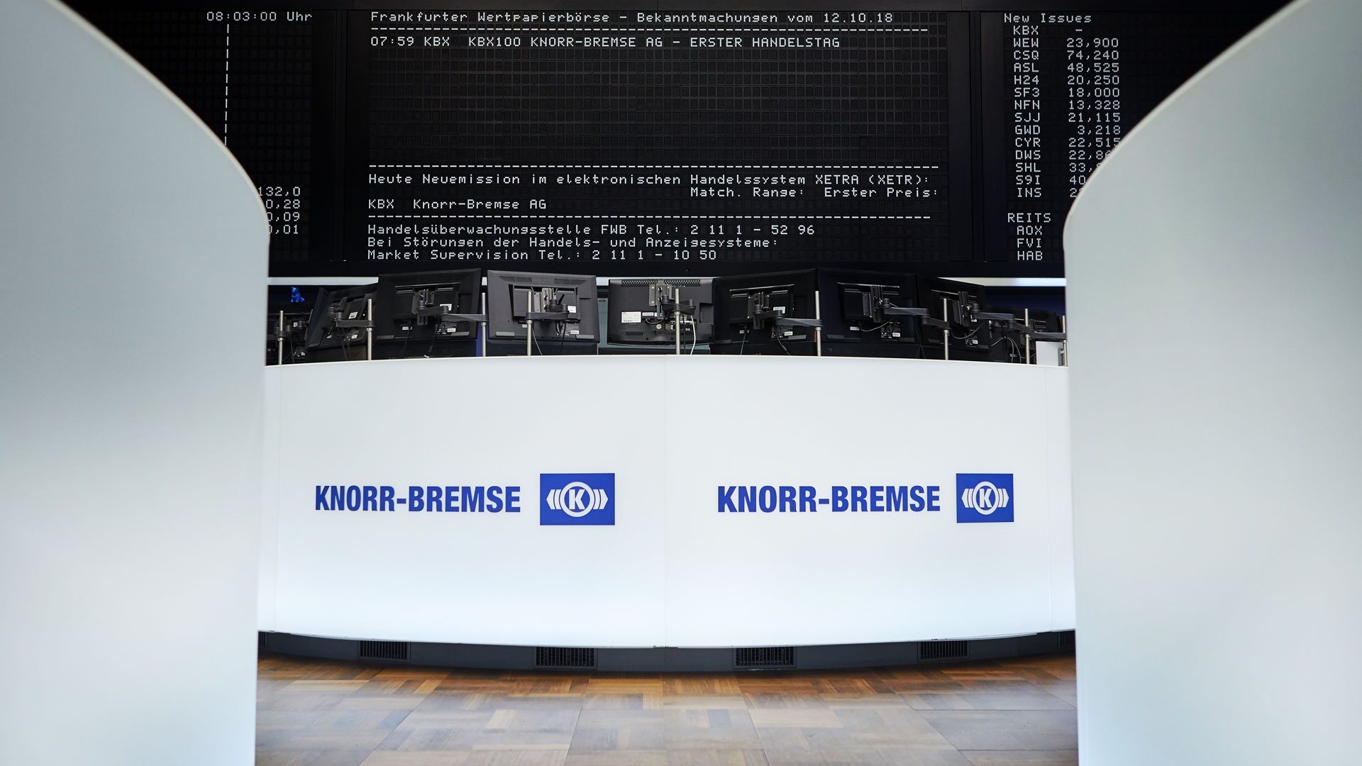 October 12, 2018: The empty trading floor of the Frankfurt stock exchange before the market opens, showing the notice "KBX100 Knorr-Bremse AG - first trading day" on the scoreboard.