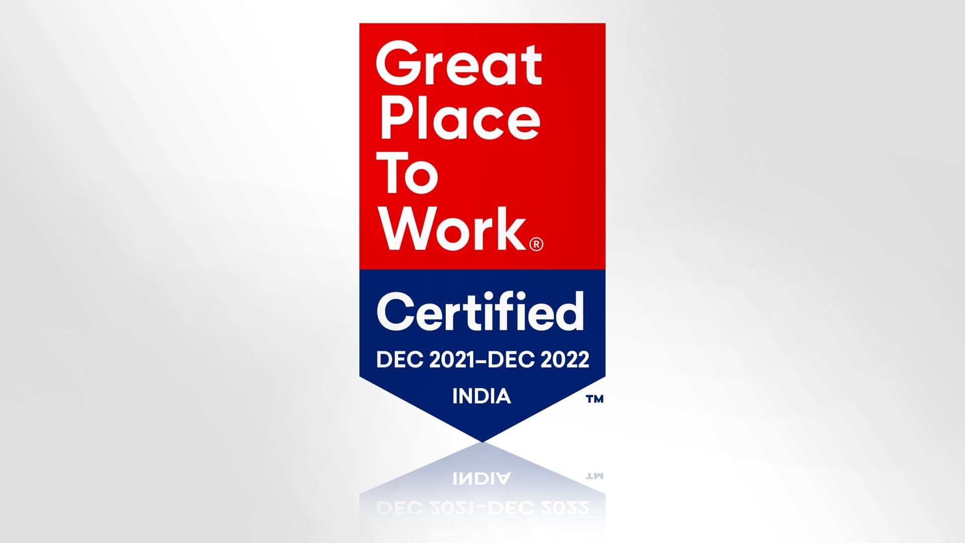 Certificate with the inscription "Great Place To Work" and the certification period December 2021 to December 2022.