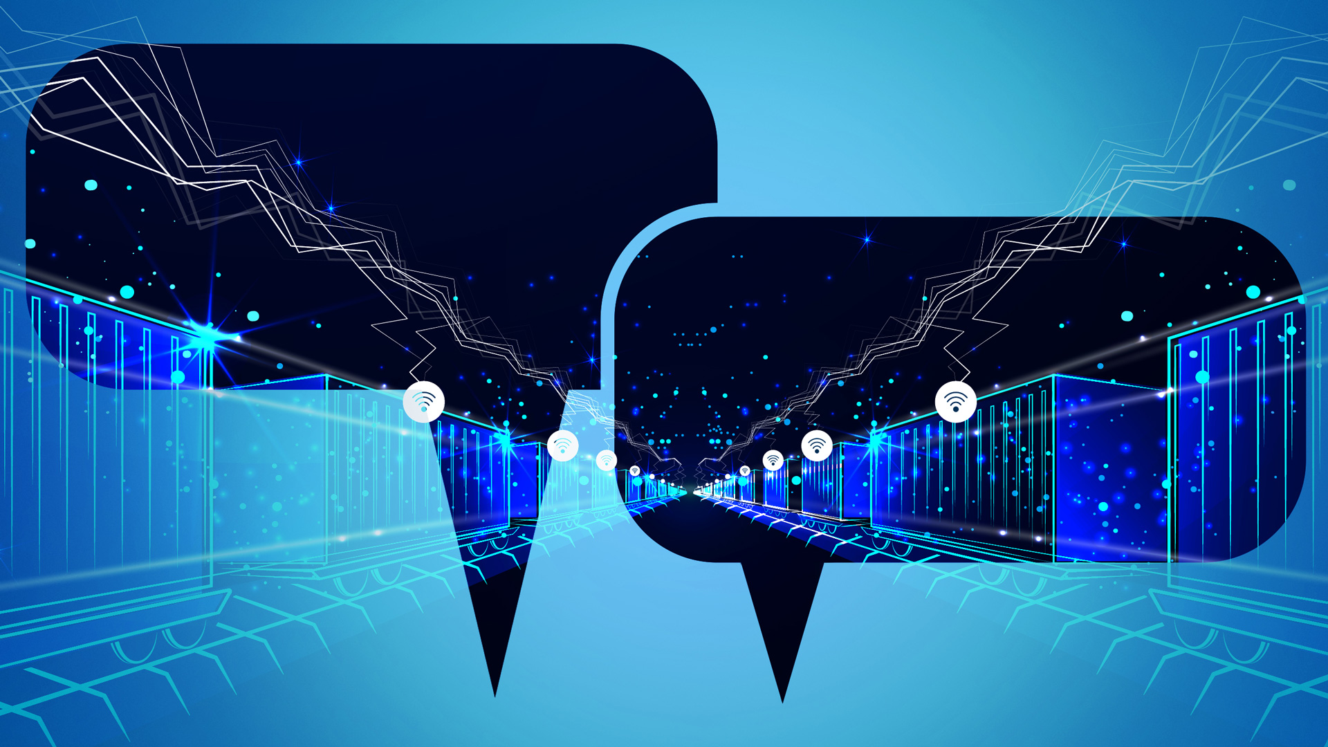 Graphic symbolizing a networked freight train and two speech bubbles