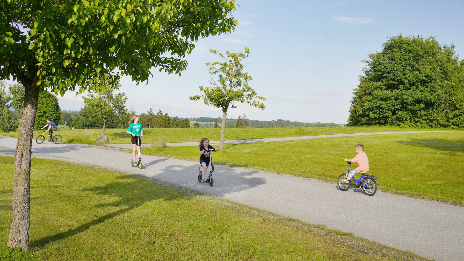 Four Ukrainian children ride scooters and bicycles on a summer day in the green in front of Hofgut Eck.