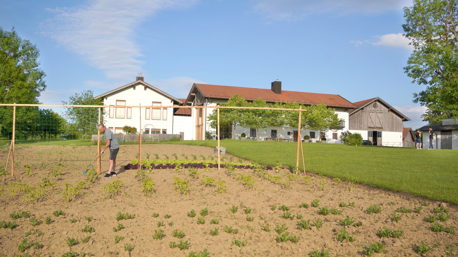 A Ukrainian man works with a rake in the farm's vegetable field.