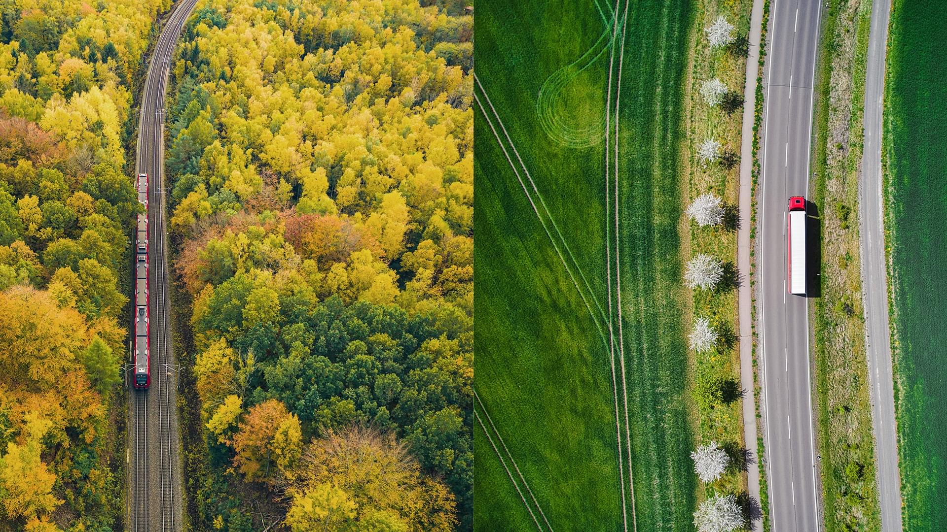 Fotocollage aus zwei Bildern, die aus der Vogelperspektive fotografiert sind: Links fährt ein Zug durch einen Herbstwald; rechts fährt ein Lkw durch grüne Felder.