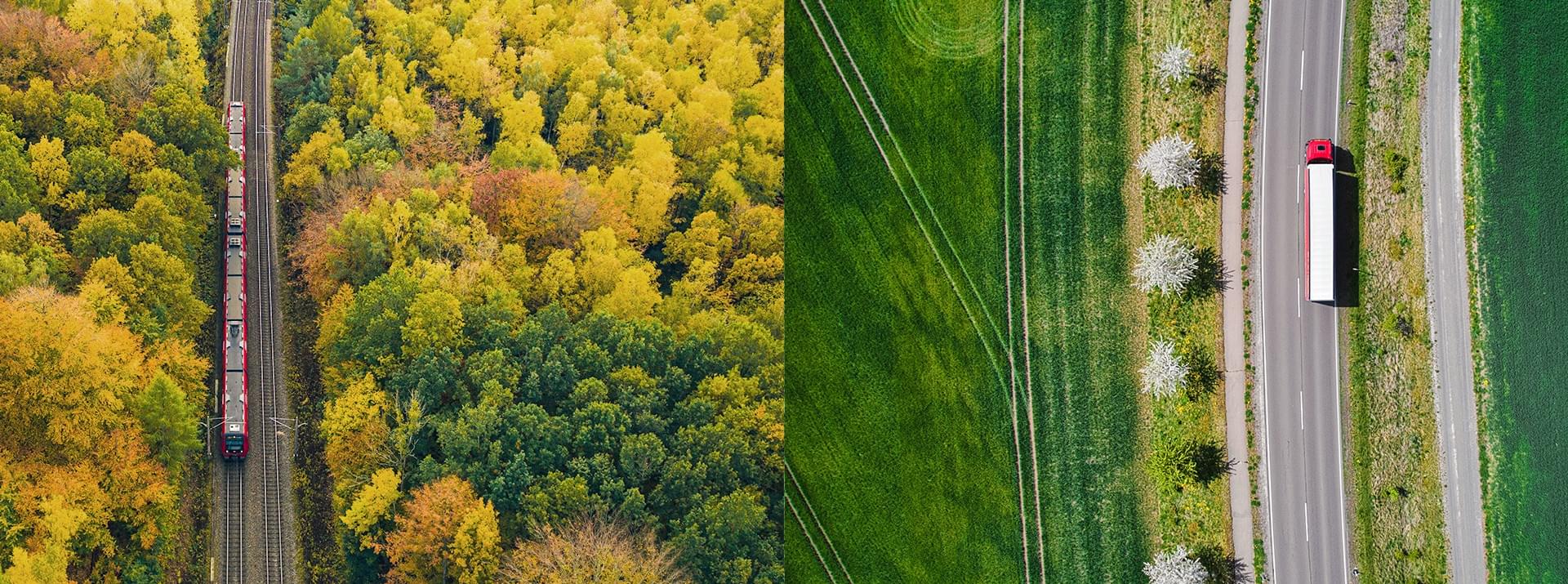 Photo collage of two pictures taken from a bird's eye view: On the left, a train drives through an autumn forest; on the right, a truck drives through green fields.