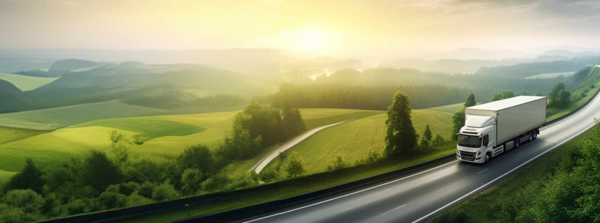 An AI-generated truck drives along a lonely road through a green Alpine foothills landscape.