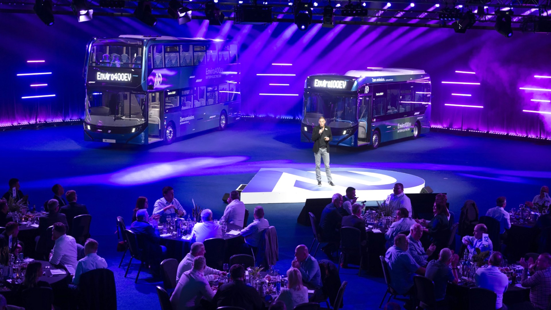 Paul Davies, President & Managing Director at Alexander Dennis, presents the new battery-electric bus models at the launch event.