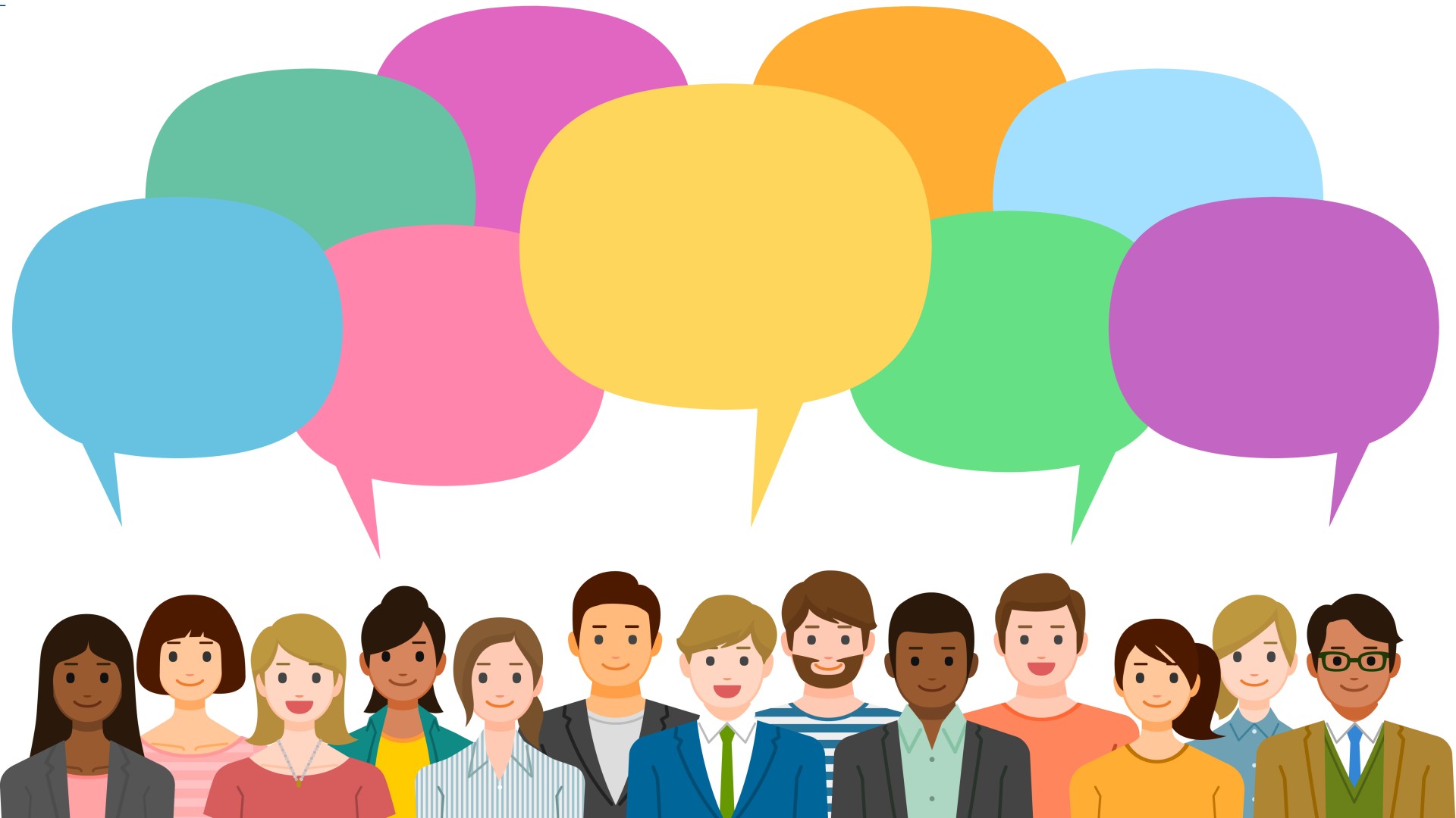 A graphic illustration of a group of people from different cultures with empty colorful speech bubbles—symbolizing people who want to communicate something.