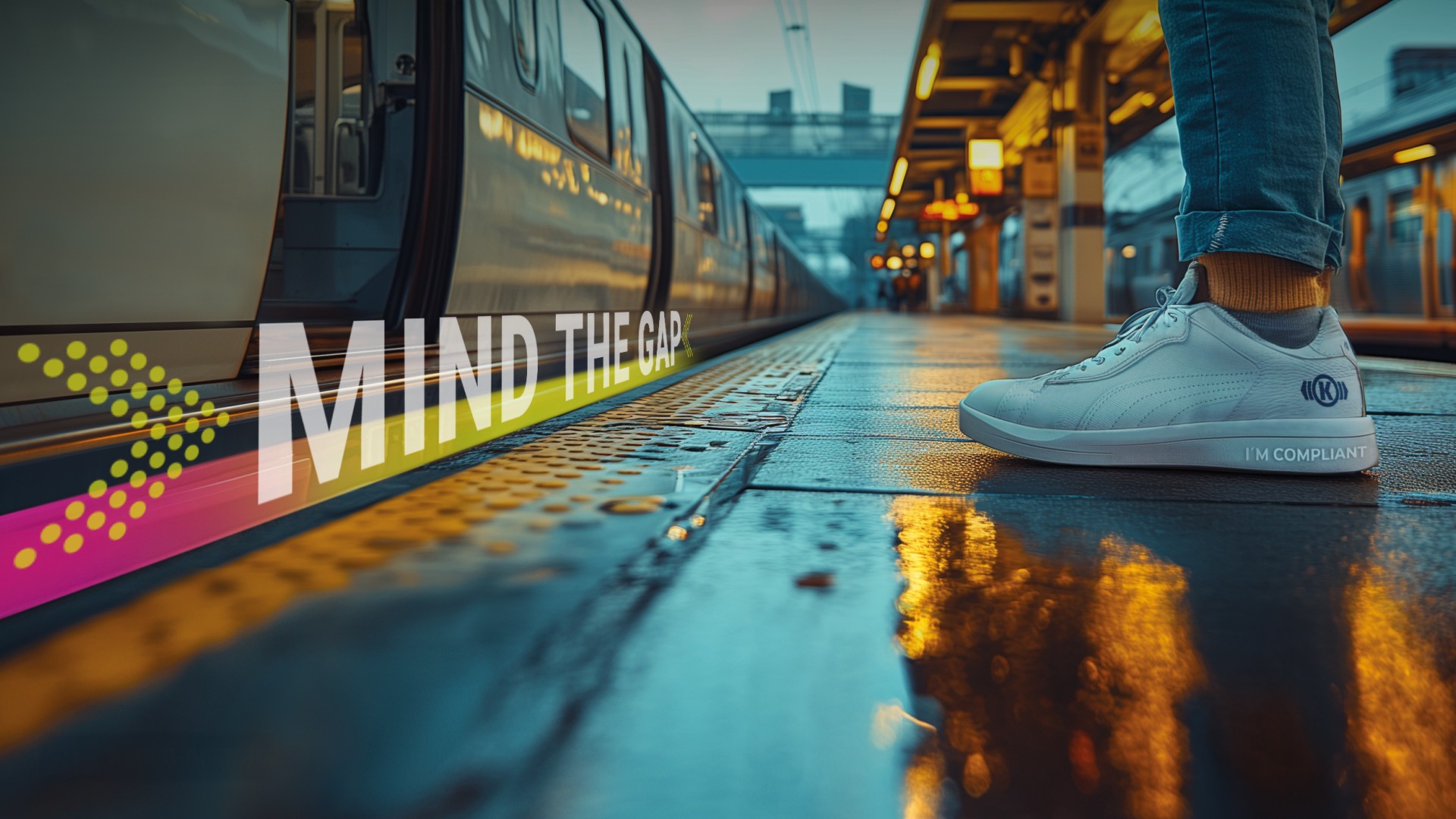Person wearing sneakers at the platform edge beside an arriving train, with the message ‘Mind the Gap’ as a reminder to act responsibly