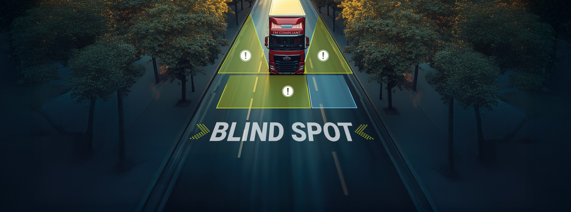 Graphic illustration of a truck with marked blind spots on the road, highlighting the importance of safety‑conscious and responsible behavior