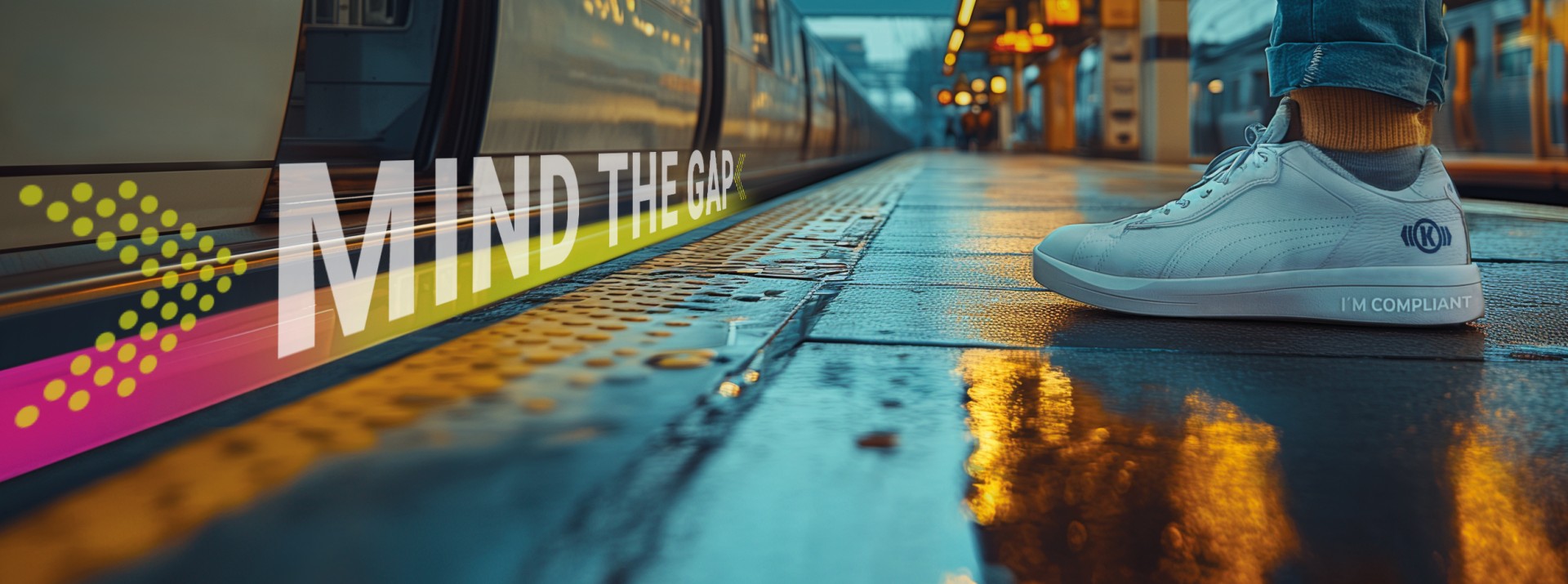 Person wearing sneakers at the platform edge beside an arriving train, with the message ‘Mind the Gap’ as a reminder to act responsibly