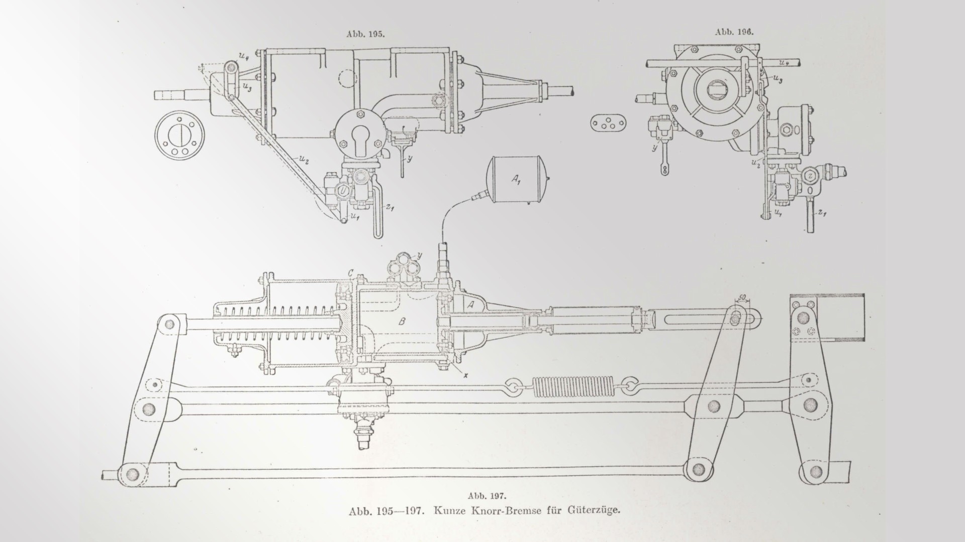 Historische technische Konstruktionszeichnung der Kunze‑Knorr‑Güterzugbremse