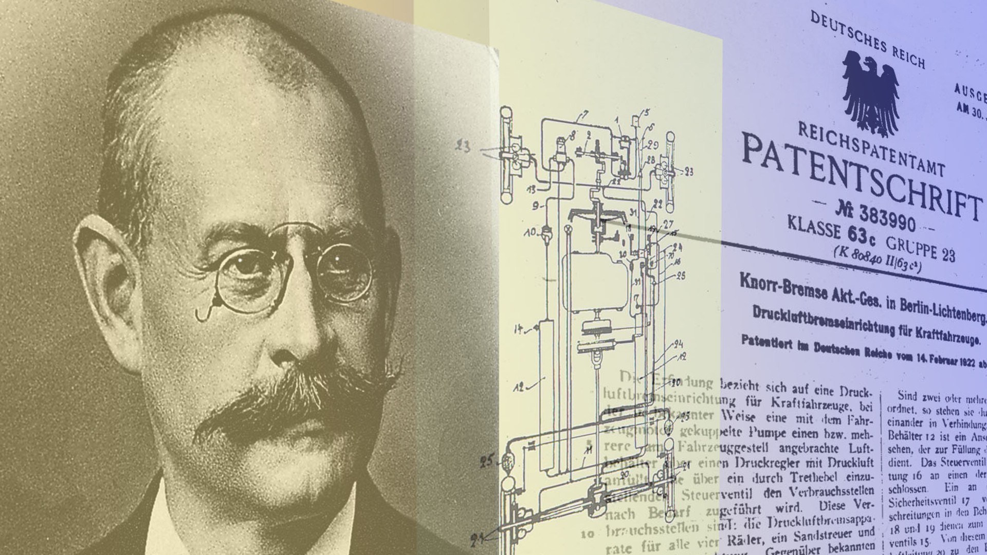 Kollage aus einem Porträt von Unternehmensgründer Georg Knorr und der Original‑Patentschrift der ersten Knorr‑Bremse Vierrad‑Druckluftbremse für Lkw