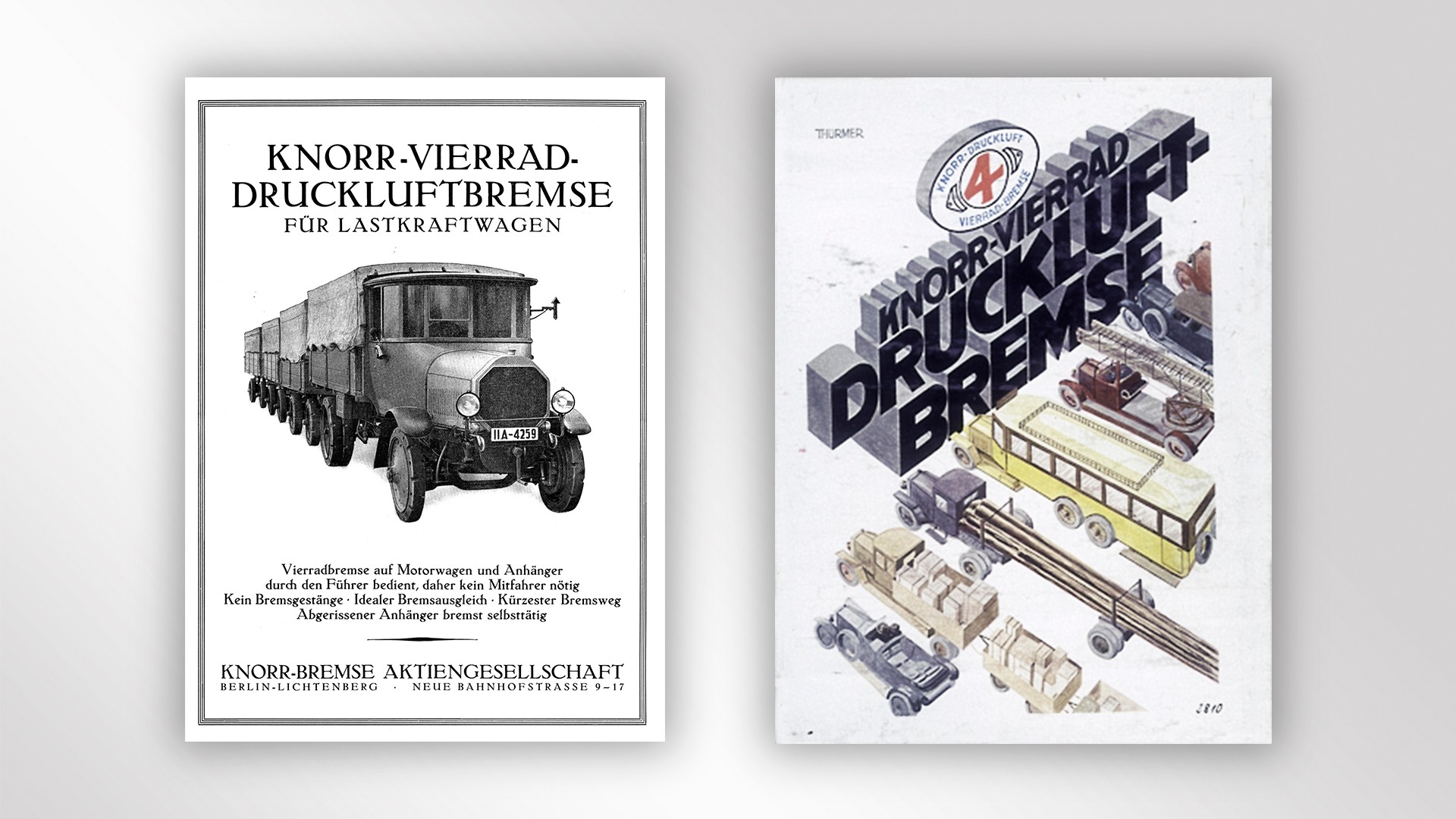 Historische Werbeplakate für die Vierrad-Druckluftbremse von Knorr-Bremse