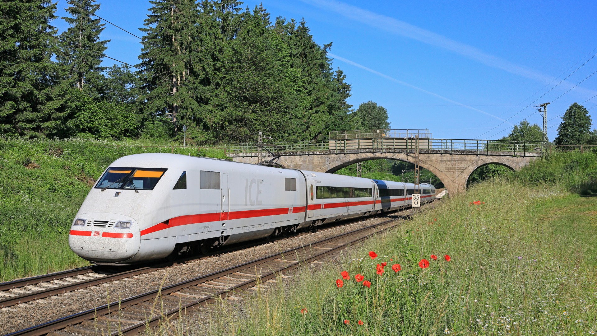 Weißer ICE-Hochgeschwindigkeitszug der Deutschen Bahn fährt auf freier Strecke durch eine grüne Landschaft unter einer Steinbrücke hindurch