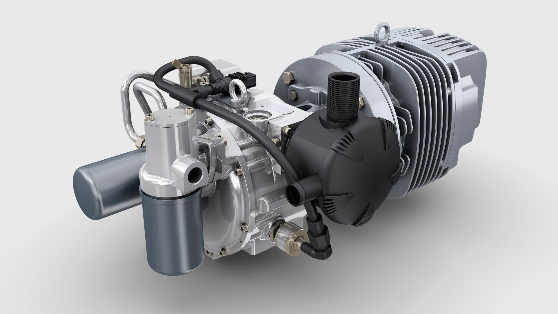 Knorr‑Bremse Schraubenkompressor‑Aggregat mit Leitungen und Gehäuseelementen vor neutralem Hintergrund