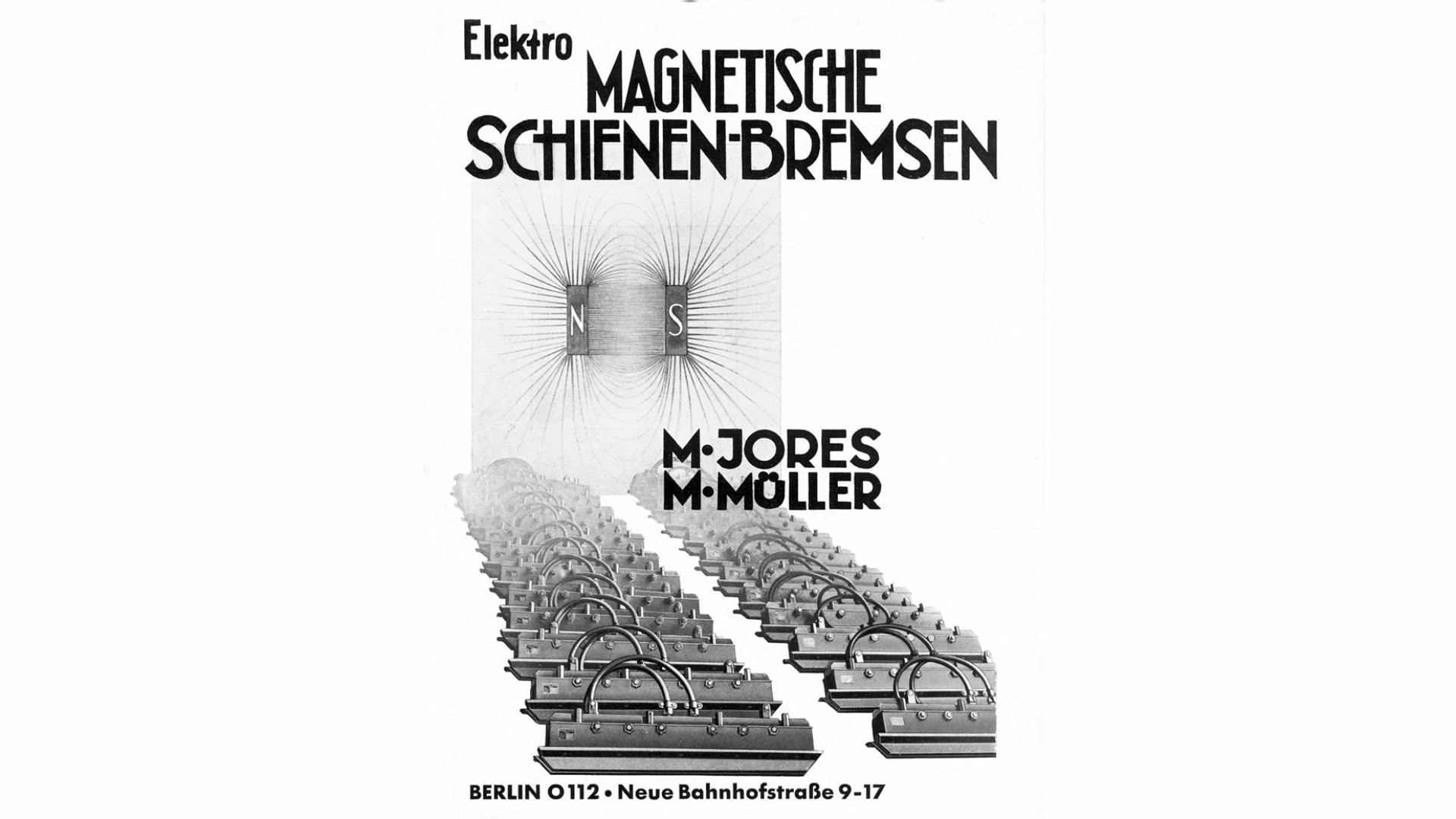 Historische Firmenschrift von Jores & Müller zur Darstellung elektromagnetischer Schienenbremsen, um 1935