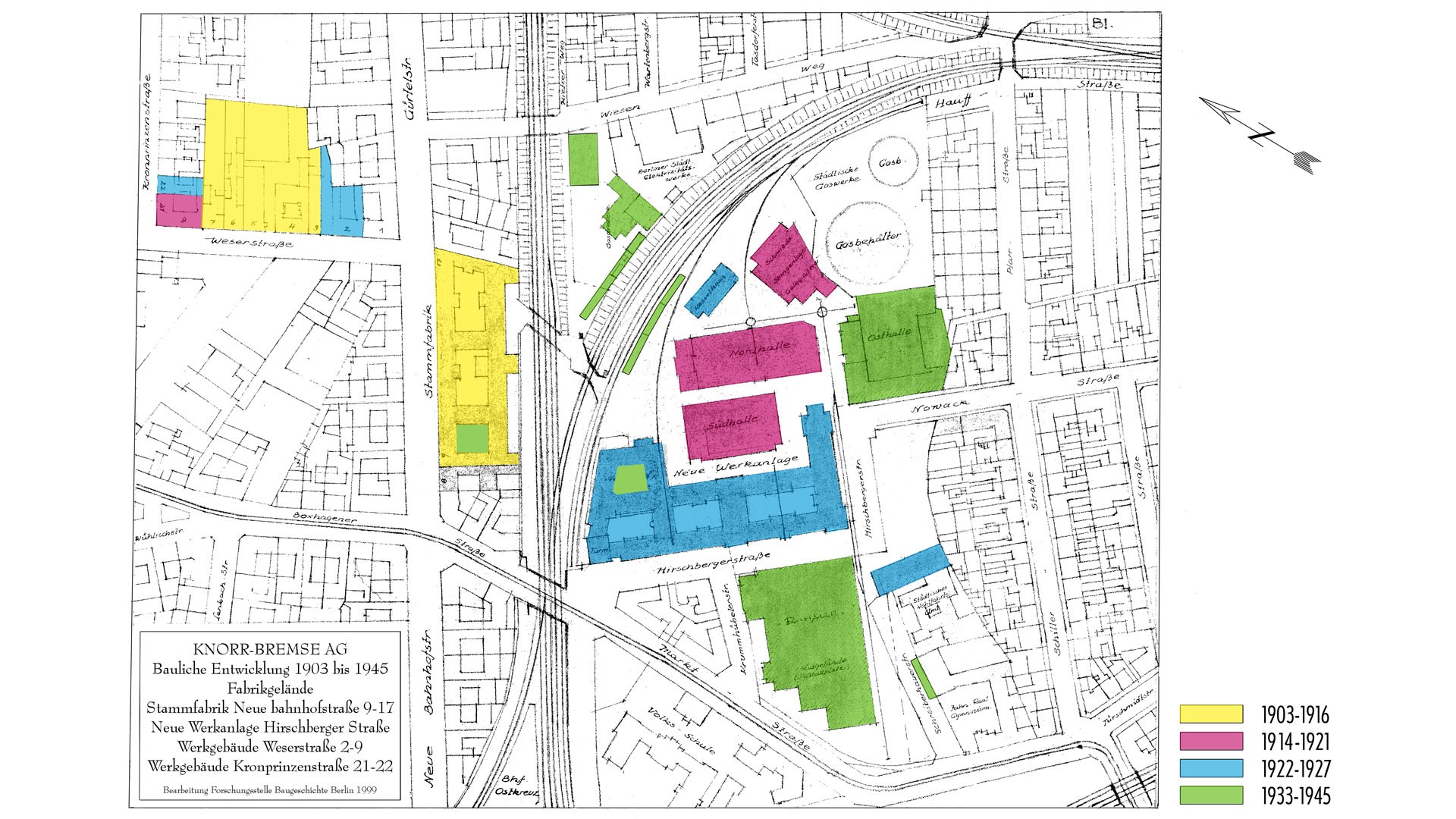 Historische Karte der Standorte und Bauten der Knorr‑Bremse AG in Berlin mit Kennzeichnung der Bauphasen von 1903 bis 1945