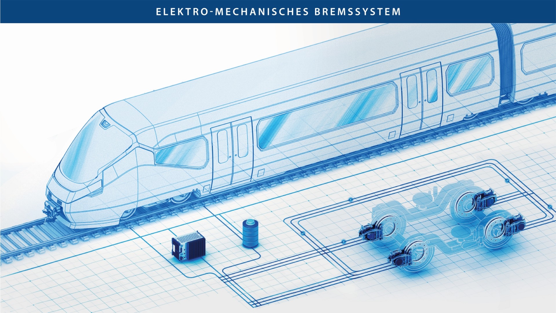 Ein gescribbelter Zug, in dem Fotos der Komponenten des Elektro-Mechanischen Bremssystems eingearbeitet sind.