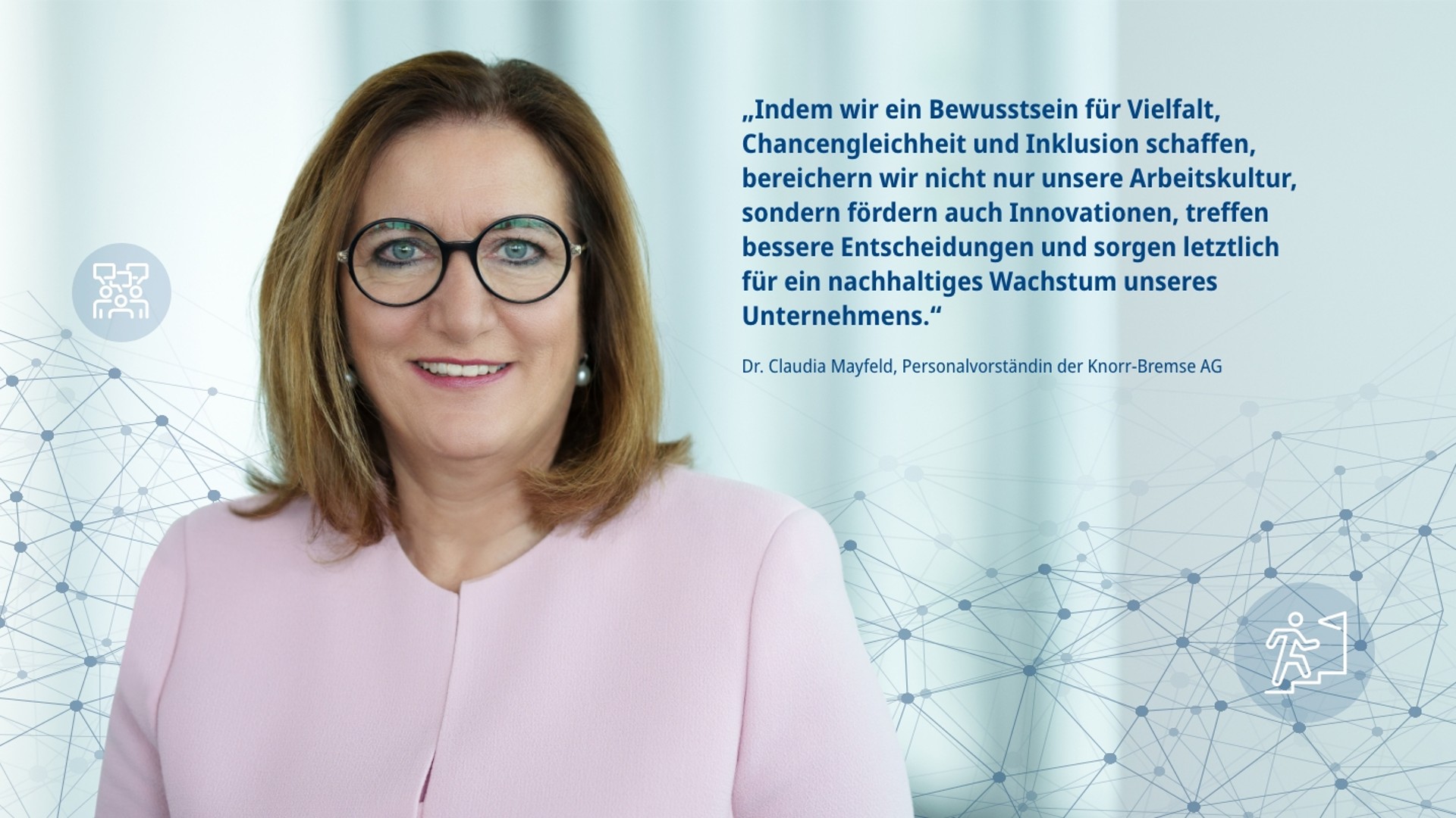 Das Bild zeigt ein Porträt von Dr. Claudia Mayfeld, Vorstandsmitglied der Knorr-Bremse AG, und folgendes Zitat zum Thema Kulturwandel: „Indem wir ein Bewusstsein für Vielfalt, Chancengleichheit und Inklusion schaffen, bereichern wir nicht nur unsere Arbeitskultur, sondern fördern auch Innovationen, treffen bessere Entscheidungen und sorgen letztlich für ein nachhaltiges Wachstum unseres Unternehmens."