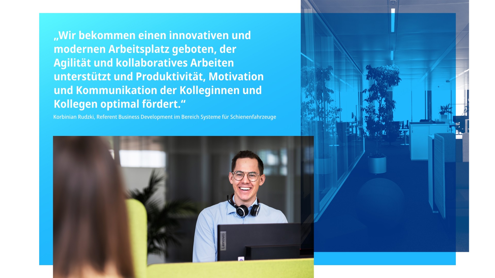 Fotocollage aus einem modernen Büro, dem Mitarbeiter Korbinian Rudzki an seinem Desk Sharing Schreibtisch und einem Zitat von ihm.