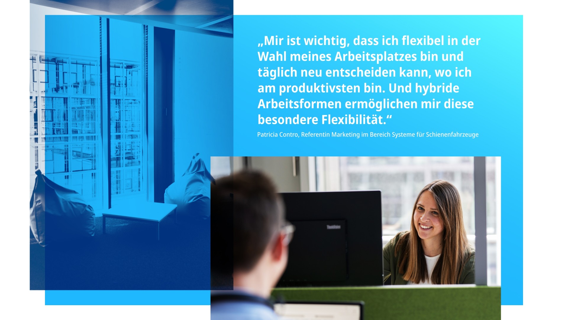 Fotocollage aus einem modernen Büro, der Mitarbeiterin Patricia Contro an ihrem Desk Sharing Schreibtisch und einem Zitat von ihr.