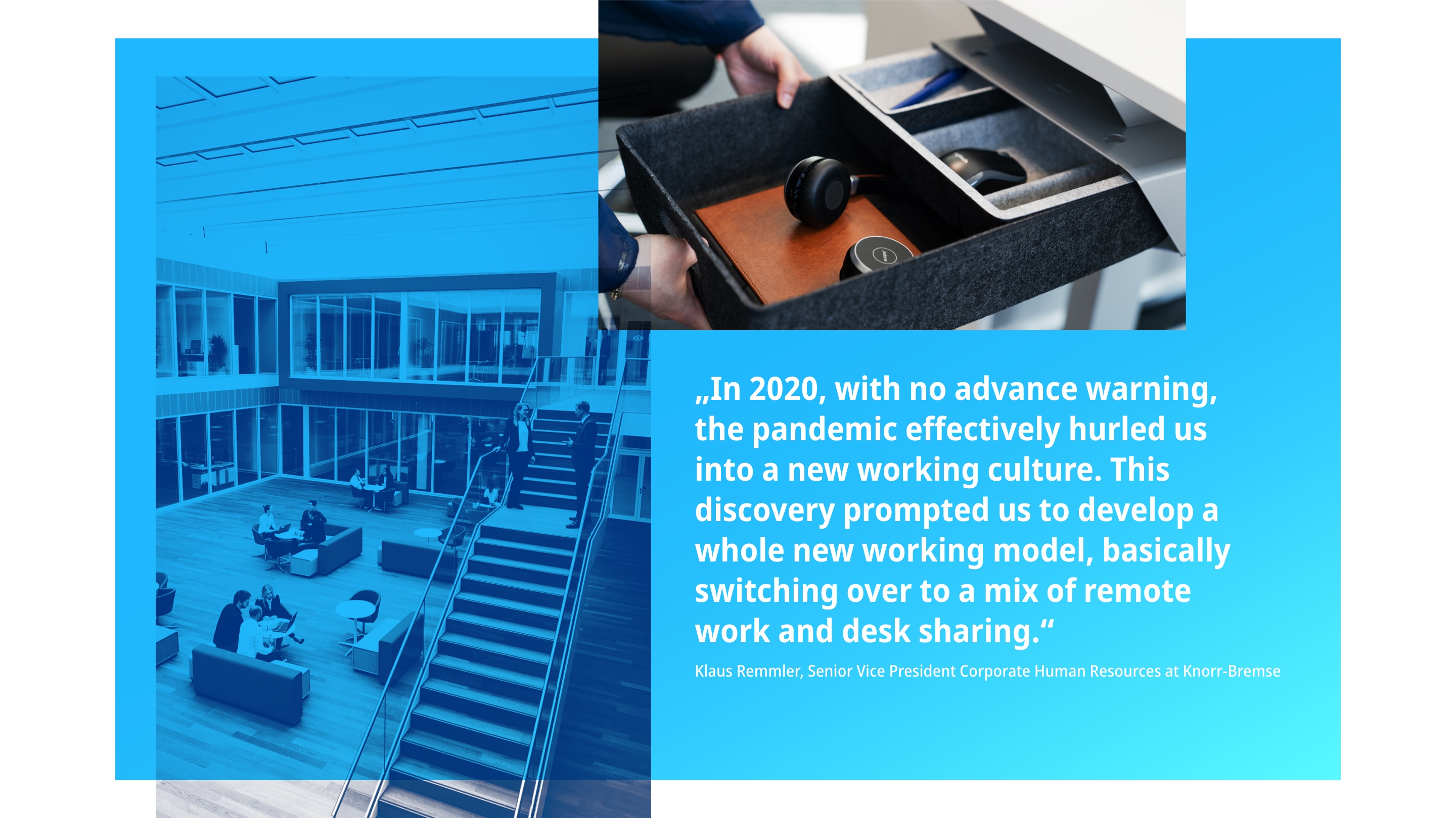 Photo collage of a lounge area at the Munich site, a personal mobile drawer and a quote from Senior Vice President Corporate Human Resources Klaus Remmler