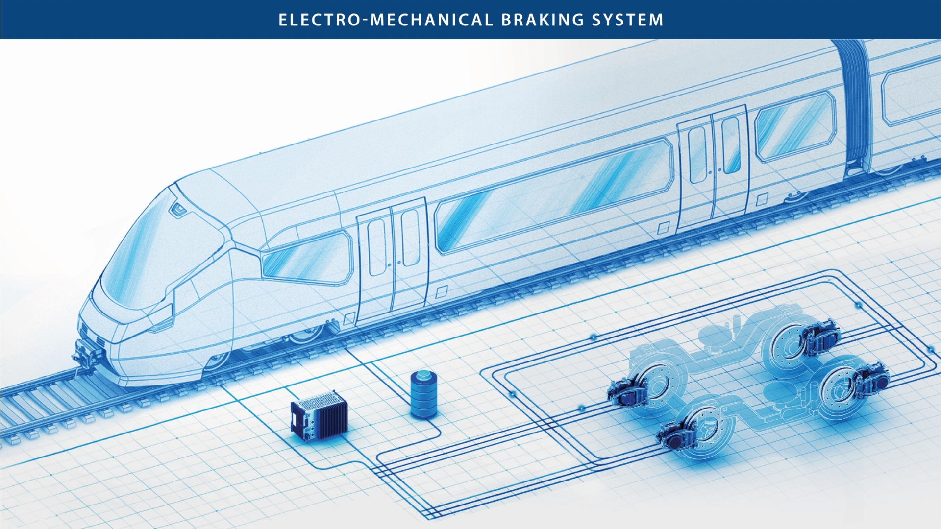 A scribbled train incorporating photos of the components of the Electro-Mechanical Braking System.