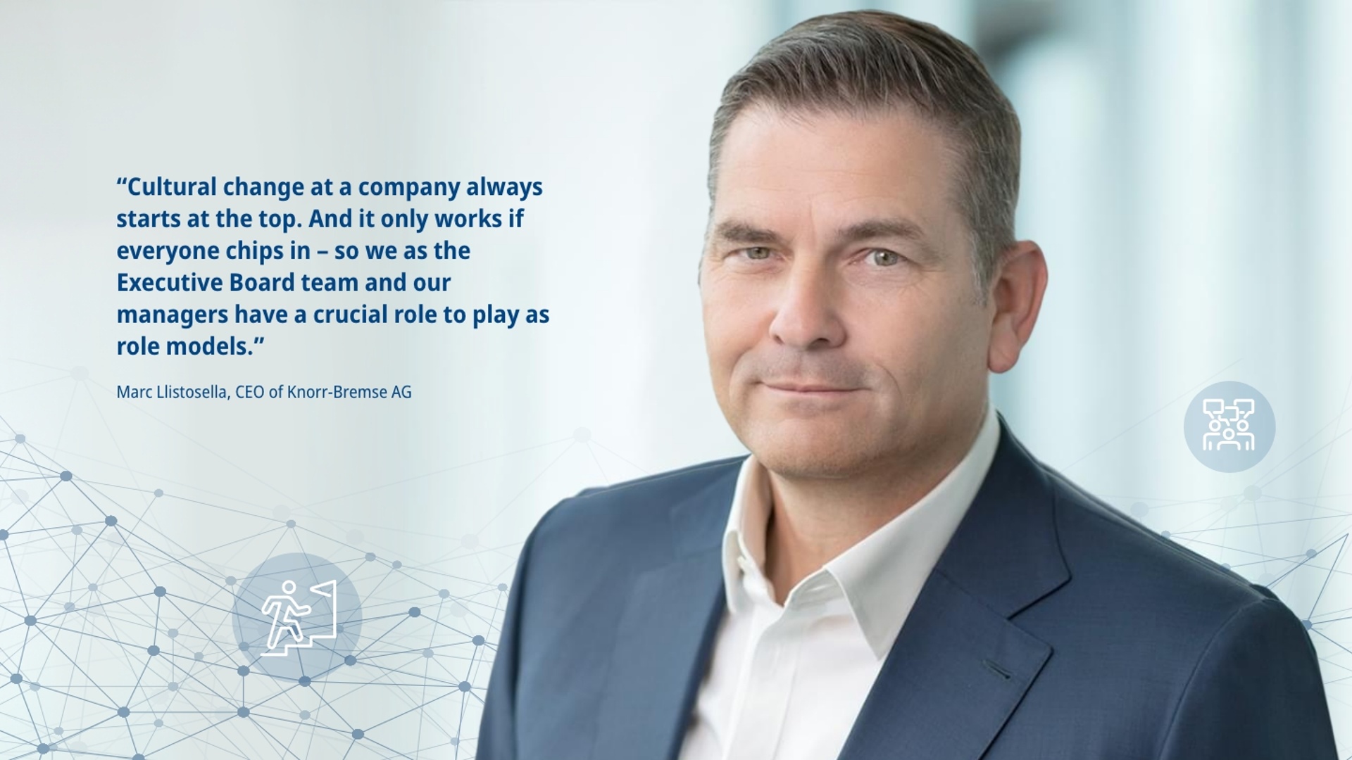 The picture shows a portrait of Marc Llistosella, CEO of Knorr-Bremse AG, and the following quote on the subject of cultural change: "Cultural change at a company always starts at the top. And it only works if everyone chips in - so we as the Executive Board team and our managers have a crucial role to play as role models."