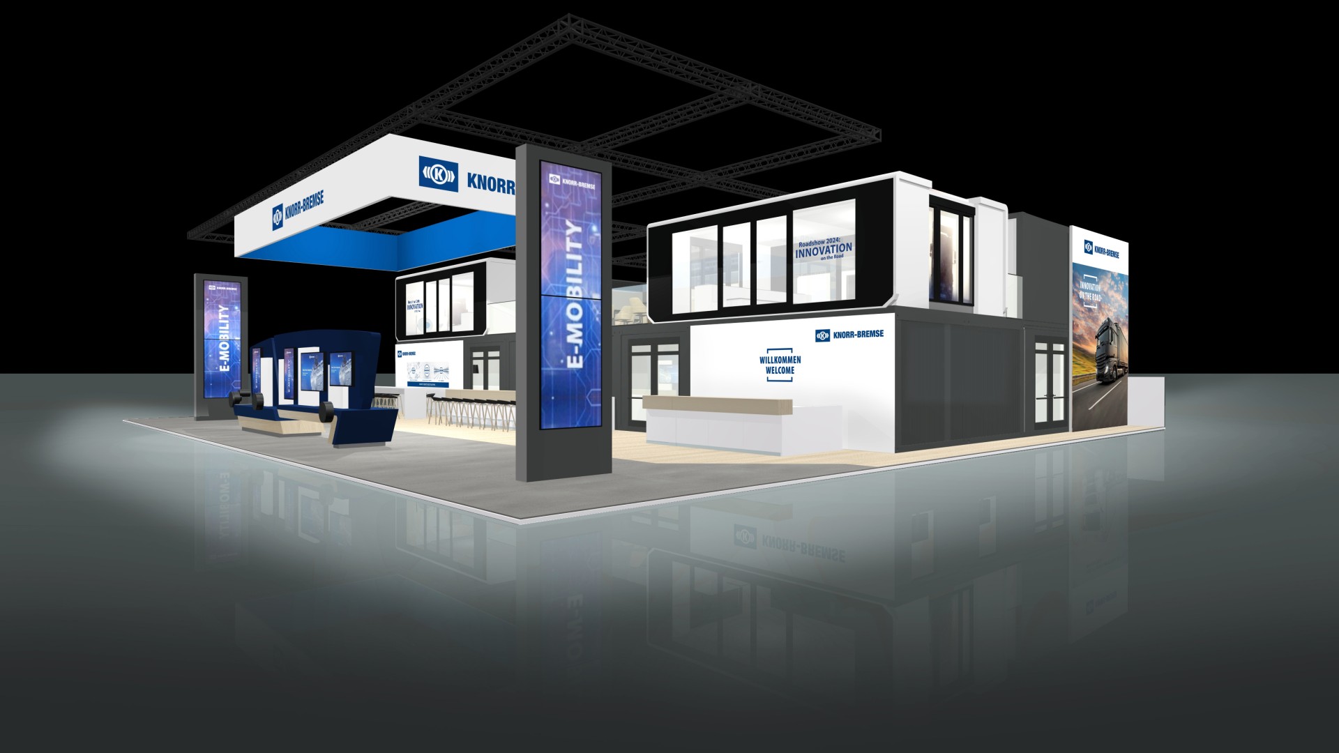 Rendering des Knorr‑Bremse Messestands auf der IAA Transportation mit Fokus auf E‑Mobility und innovative Nutzfahrzeuglösungen