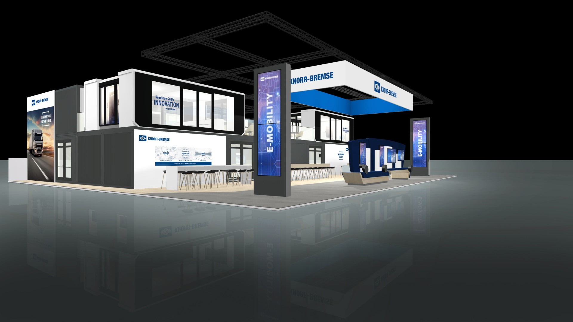Seitliche Ansicht des Knorr‑Bremse Messestands als Rendering auf der IAA Transportation mit Schwerpunkt E‑Mobility