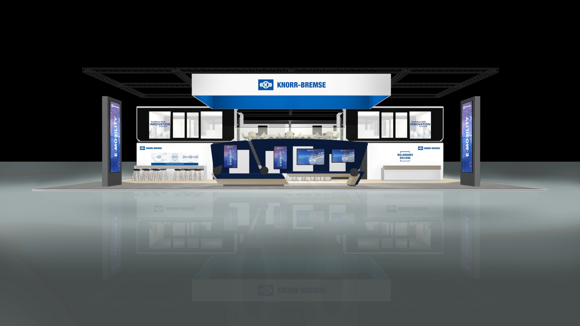 Frontales Rendering des Knorr‑Bremse Messestands auf der IAA Transportation mit Fokus auf E‑Mobility