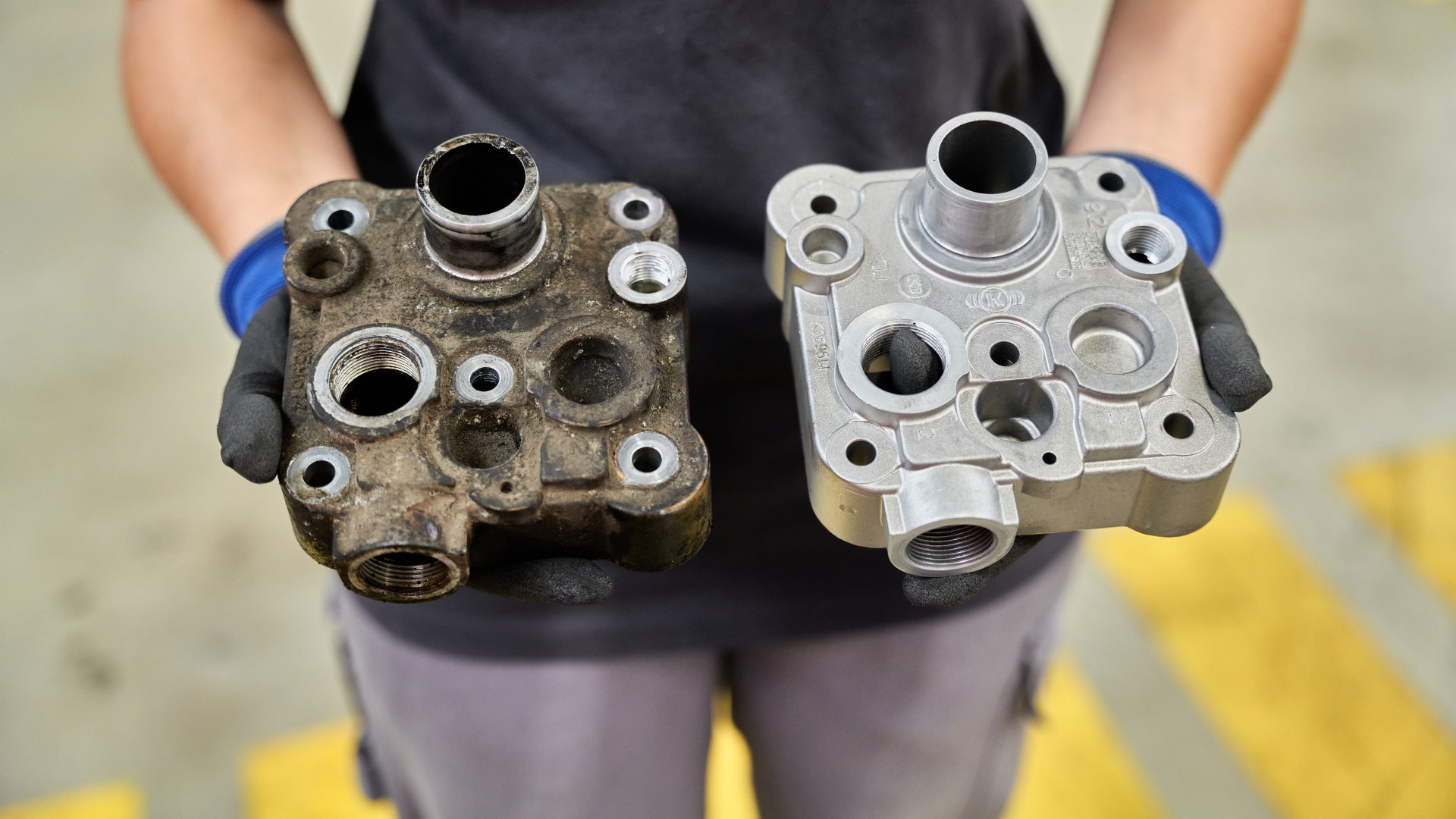 Comparison of a used and an industrially reconditioned commercial vehicle component at the Knorr‑Bremse remanufacturing plant in Liberec