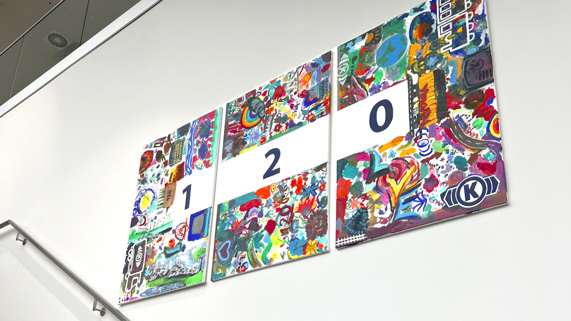 Colorful three‑panel artwork featuring the number 120, created by employees and their families for Knorr‑Bremse’s 120th anniversary celebration, now displayed in the Munich cafeteria