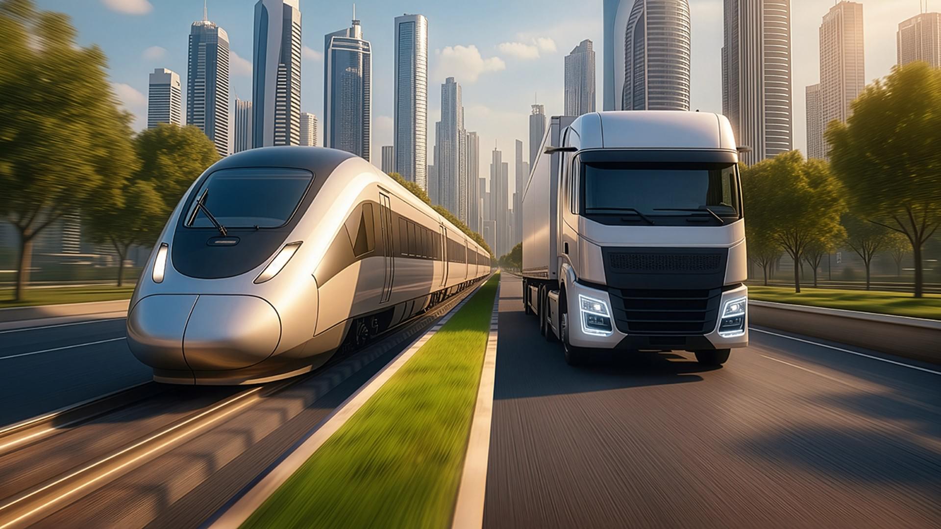 Visual depiction of a high‑speed train and a modern truck as the cover motif of the Knorr‑Bremse 2025 Annual Report