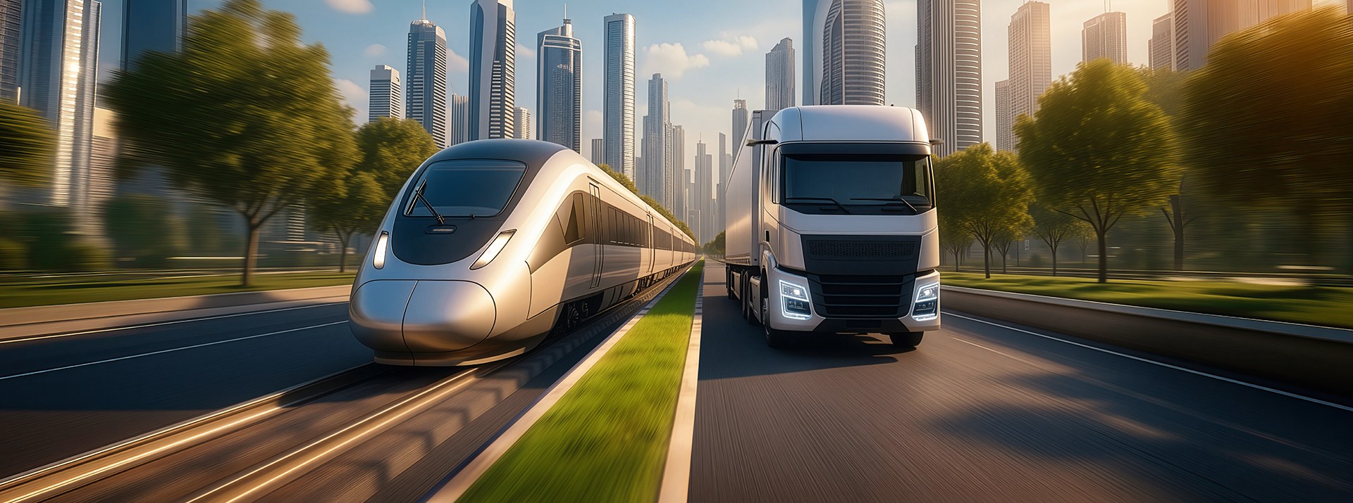 Visual depiction of a high‑speed train and a modern truck as the cover motif of the Knorr‑Bremse 2025 Annual Report