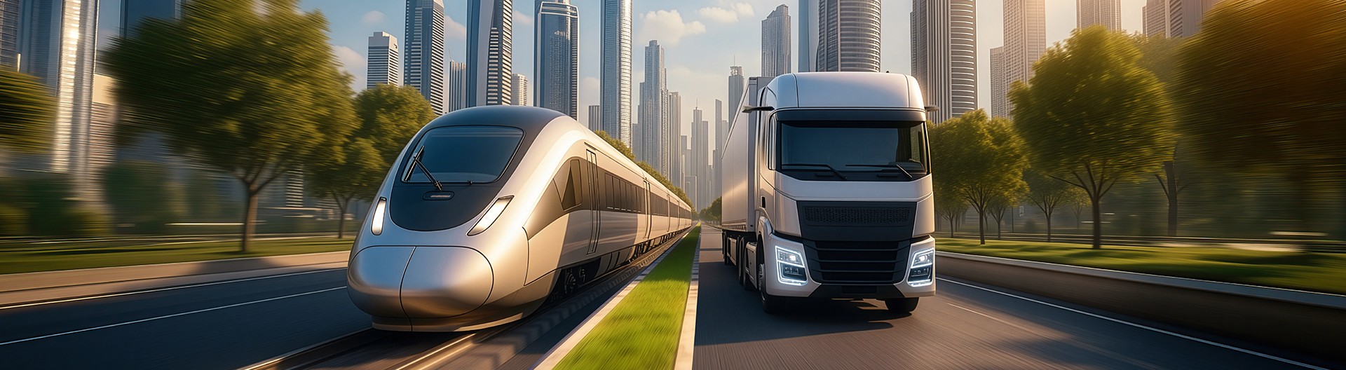 Visuelle Darstellung eines Hochgeschwindigkeitszugs und eines modernen Lkw als Titelmotiv des Knorr‑Bremse Geschäftsberichts 2025