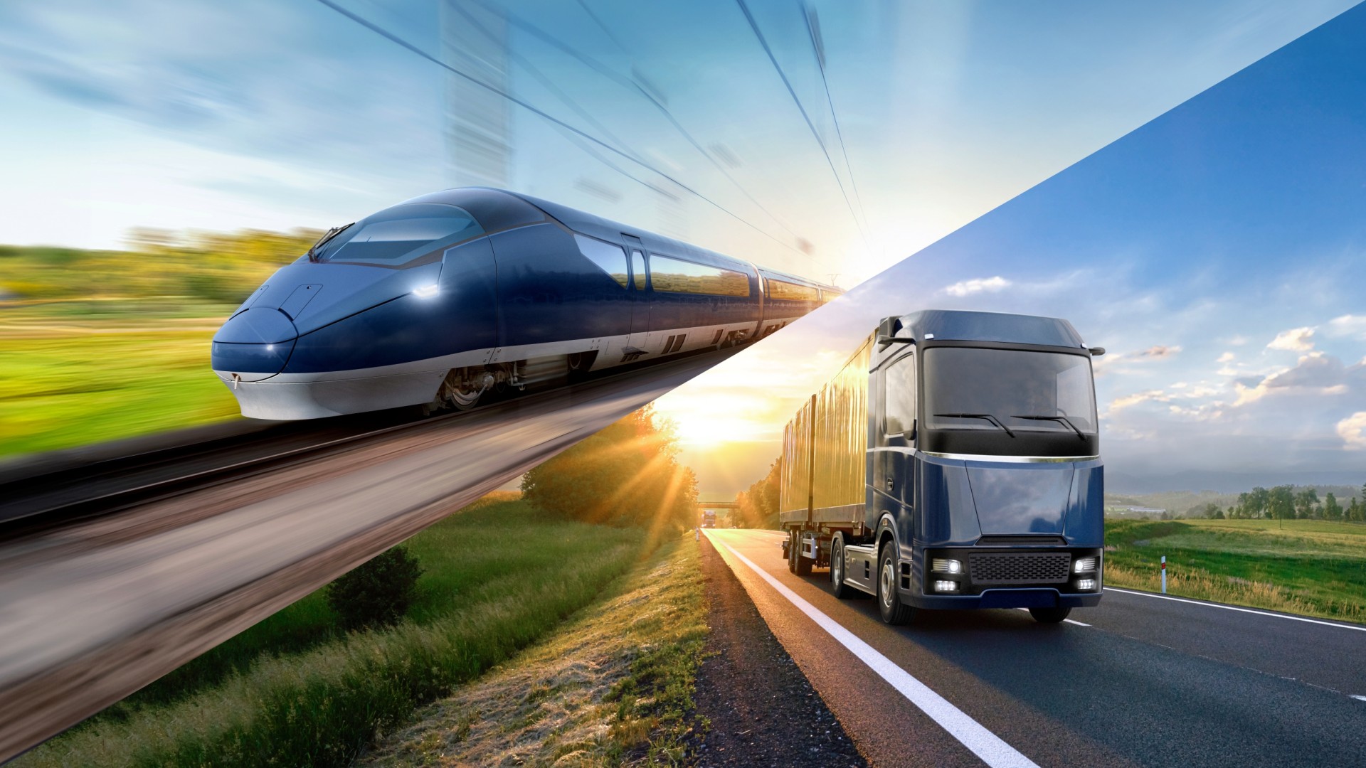 Visual depiction of a high‑speed train and a modern truck as the cover motif of the Knorr‑Bremse 2024 Annual Report