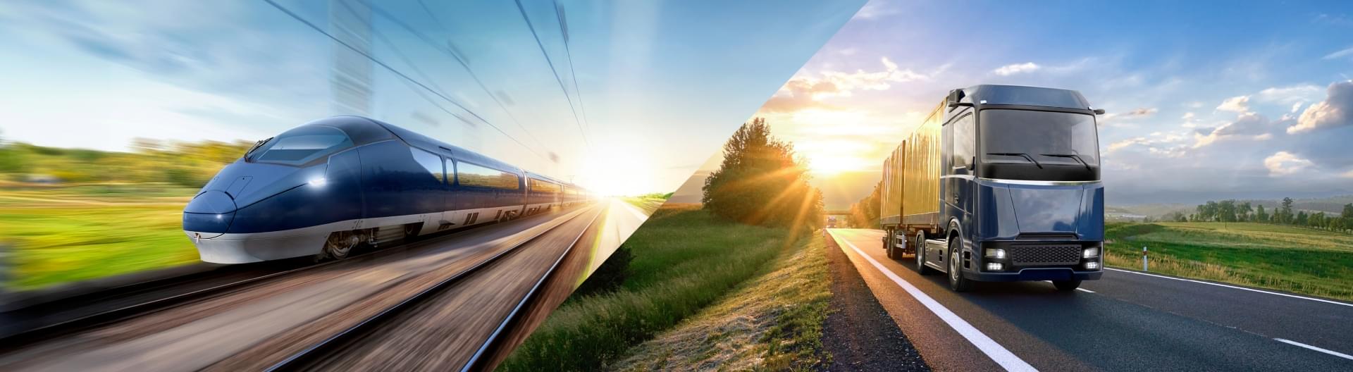 Visuelle Darstellung eines Hochgeschwindigkeitszugs und eines modernen Lkw als Titelmotiv des Knorr‑Bremse Geschäftsberichts 2024
